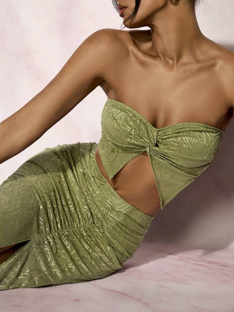 Floral Jacquard Crop Top With Knot & Pleated Design, High Slit Skirt Set For Women