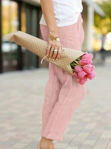 Vacation Casual Solid Color Tapered Pants - Pink - View 4