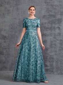 Women's Floor-Length Embroidered Sequin Party Dress, Elegant Bridal Mother Dress - Green - View 1