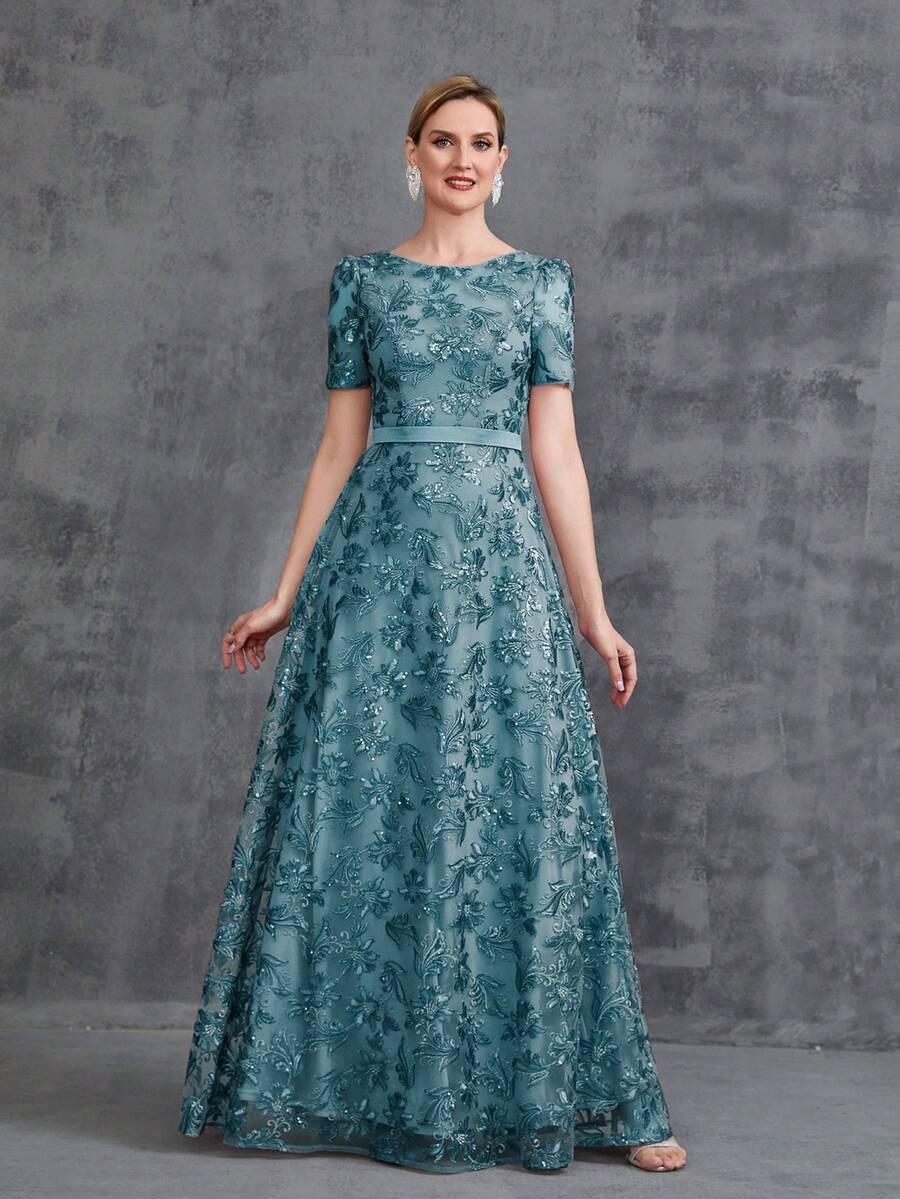 Women's Floor-Length Embroidered Sequin Party Dress, Elegant Bridal Mother Dress - Green - View 1