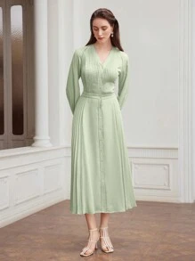 MOTF PREMIUM 純色V領氣球袖褶皺面板連身裙