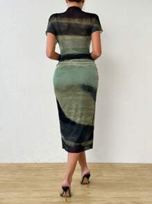 SHEIN ChicEase Perspective Stand Collar Tie-Dye Mesh Fabric Print Dress Maxi Women Outfit - Blue - View 2