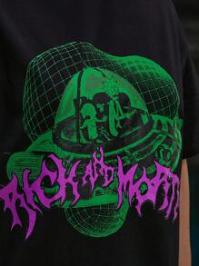 Rick and Morty X SHEIN Maglietta in cotone nero morbido e casual con grafica in lettere e numeri, taglio largo, leggero e traspirante per l'estate, taglia comoda