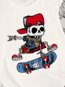 Tween Boy Skateboarding Leisurely Simple Skull & Skateboard Pattern Round Neck Tank Top Suitable For Summer - White - View 3