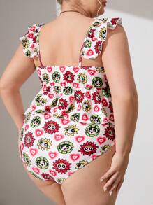 THE POWERPUFF GIRLS X SHEIN Plus Size Casual Vacation Style Cartoon Printed Ruffle Trim Tankini Set, Summer