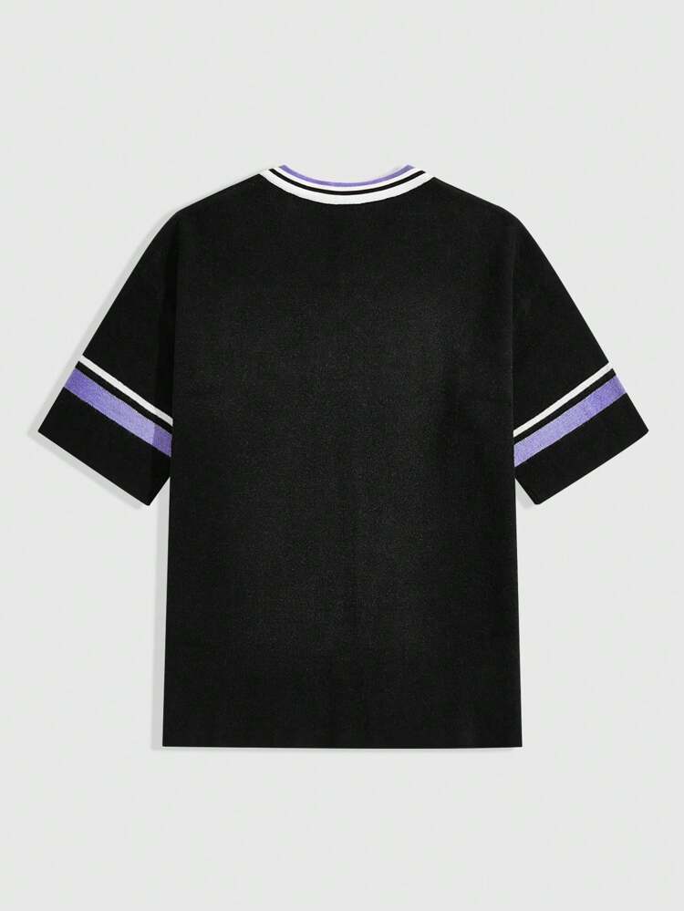 Men Summer Letter Striped V Neck Short Sleeve Loose Knit Top