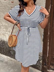 EMERY ROSE Plus Size Women V-Neck Batwing Short Sleeve Waist Tie Striped Casual Dress For Summer