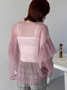 FRIFUL Women Casual Daily Wear Long Sleeve Top With Ruffled Hem Sheer,Fall Women Clothes