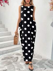 SHEIN Essnce Women's Summer Sleeveless Dot Print Dress Long O Neck Maxi With Big Pockets Casual Dress