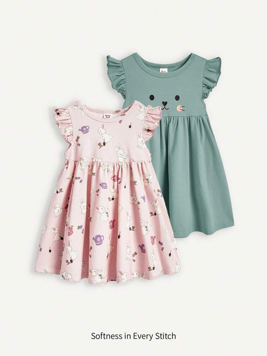 Cozy Pixies Set di 2 pezzi Abito a fantasia con coniglietto a cartone animato per bambina con bordo arricciato, scollo tondo e vita raccolta - Verde - Visualizzare 1
