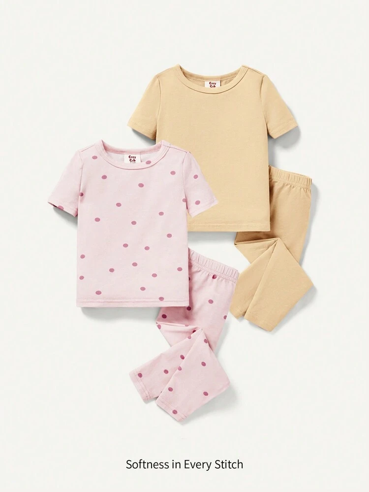 2 Sets Of Baby Girl Round Neck Short Sleeve Top And Snug Fit Footed Pants Pajama Set Matching Set