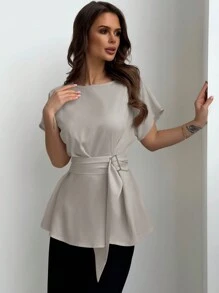 Aloruh 圓領綁帶腰X型簡約通勤女式上衣 - 灰色 - 查看 4