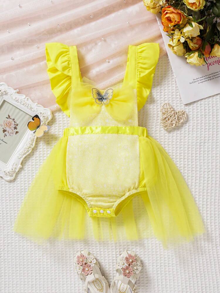 Baby Girl Sweetheart Neckline Short Puff Sleeve Jumpsuit With Mesh Hem And Suspenders Fashionable Outfit