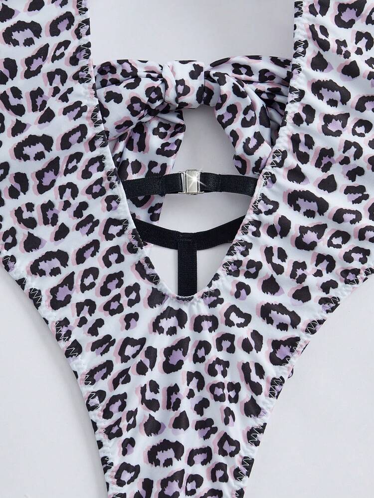 Women Sexy Leopard Print Halter Hollow Out Bodysuit With Headband Set For Bedroom