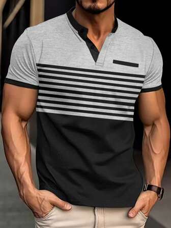 Men Spring Summer Casual Striped & Printed Short Sleeve Polo Shirt