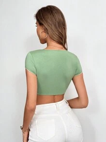 SHEIN Privé Camiseta corta verde ajustada con ribete de encaje de contraste para mujer con detalle de encaje de contraste