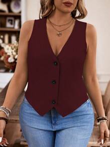 Calvaya Blazer Ukuran Plus Asimetris Plain Casual - Burgundy - View 3