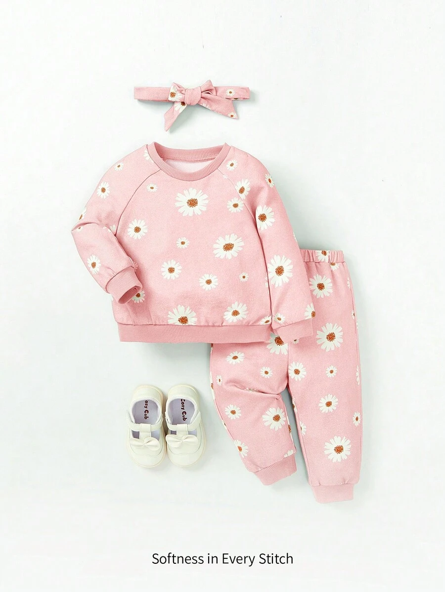 Cozy Pixies Baby Girl Floral Print Sweatshirt & Sweatpants & Headband Matching Set - Pink - View 1