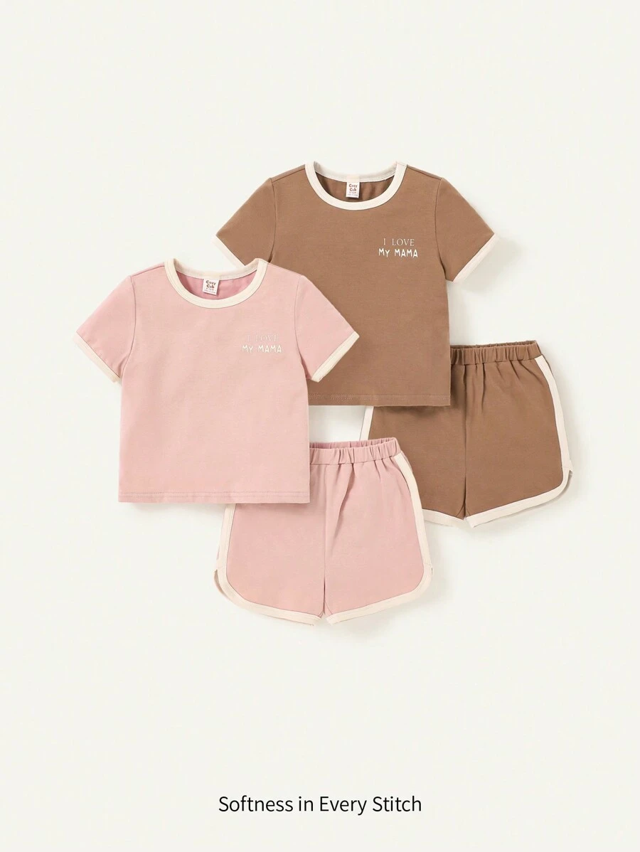 Cozy Pixies Bộ áo và quần short cổ tròn tay ngắn cổ tròn mềm mại dành cho bé gái, Bộ 4 món phù hợp - Hồng - Xem 1