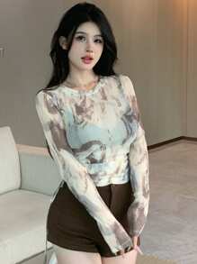 DAZY Women Tie-Dye Printed Side Drawstring Slim Fit Casual T-Shirt Sheer Long Sleeve Women Tops - Multicolor - View 5