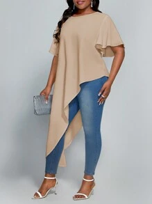 SHEIN Lady Plus Size Solid Color Flutter Sleeve Asymmetrical Hem Blouse - Apricot - View 5