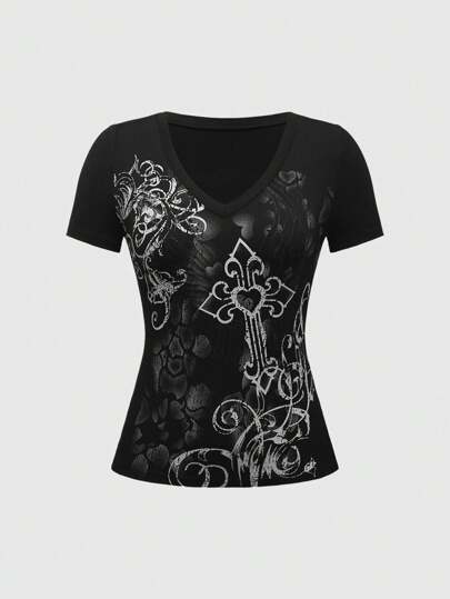 Goth Camiseta casual de verano para mujer con escote en V, manga corta y estampado cruzado, para la escuela