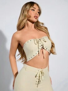 SHEIN BAE Top bustier plisado unicolor con decoración de metal y delicadas correas, color albaricoque, adecuado para vacaciones de primavera / verano, noche de citas, uso diario, ocasiones festivas, conciertos y festivales de música