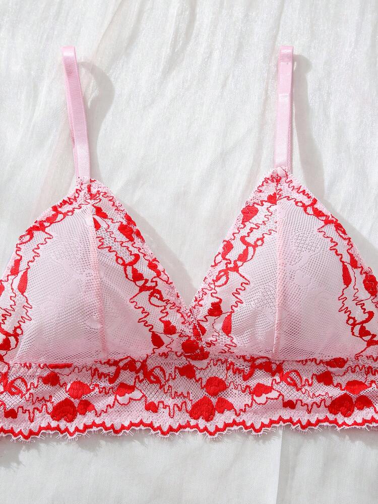 Women Heart Embroidery Contrast Lace Simple And Comfortable Bra & Panty Underwear Set, Lingerie