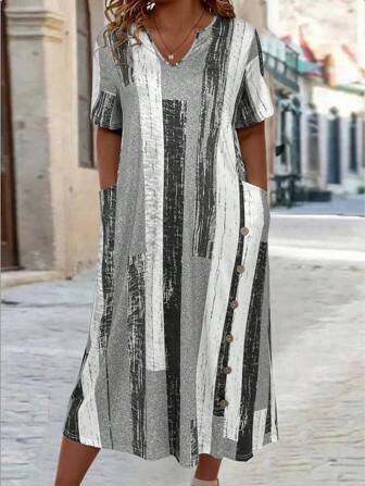 EMERY ROSE Women Plus Size Colorblock Dress With V-Neckline, Summer Outfit