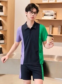 Teen Boy Summer Casual Color-Block Short Sleeve And Shorts Set - Multicolor - View 1