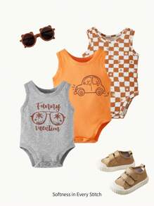 Cozy Pixies 新生兒3入組汽車和字母圖案背心連體衣
