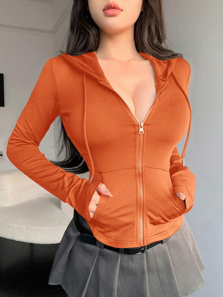 Drawstring Hoodie With Cinching Waist, Front Zipper And Pocket For Women Slim Fit Short Length Long Sleeve Sweatshirt,Long Sleeve Tops Jacket