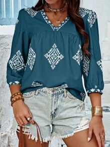 SHEIN LUNE 隨機印花女士夏季寬鬆V領泡泡袖上衣