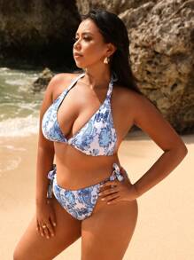 SHEIN Swim Curve Plus Size Nữ Tối Giản & Phong Cách Bộ Bikini Hai Mảnh Có Họa Tiết Paisley Dây Cổ Cho Kỳ Nghỉ Đi Biển Đi Biển Mùa Hè - Nhiều màu - Xem 4