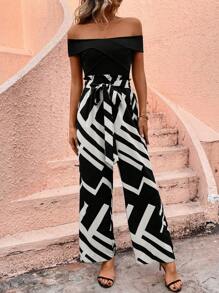 SHEIN LUNE Women Casual Solid-Color Off Shoulder Top And Geometric Printed Pants Two-Piece Set, Suitable For Summer