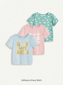 Cozy Pixies Baby Girl 3pcs Floral Pattern Short Sleeve Top Set With Round Collar - Blue - View 1