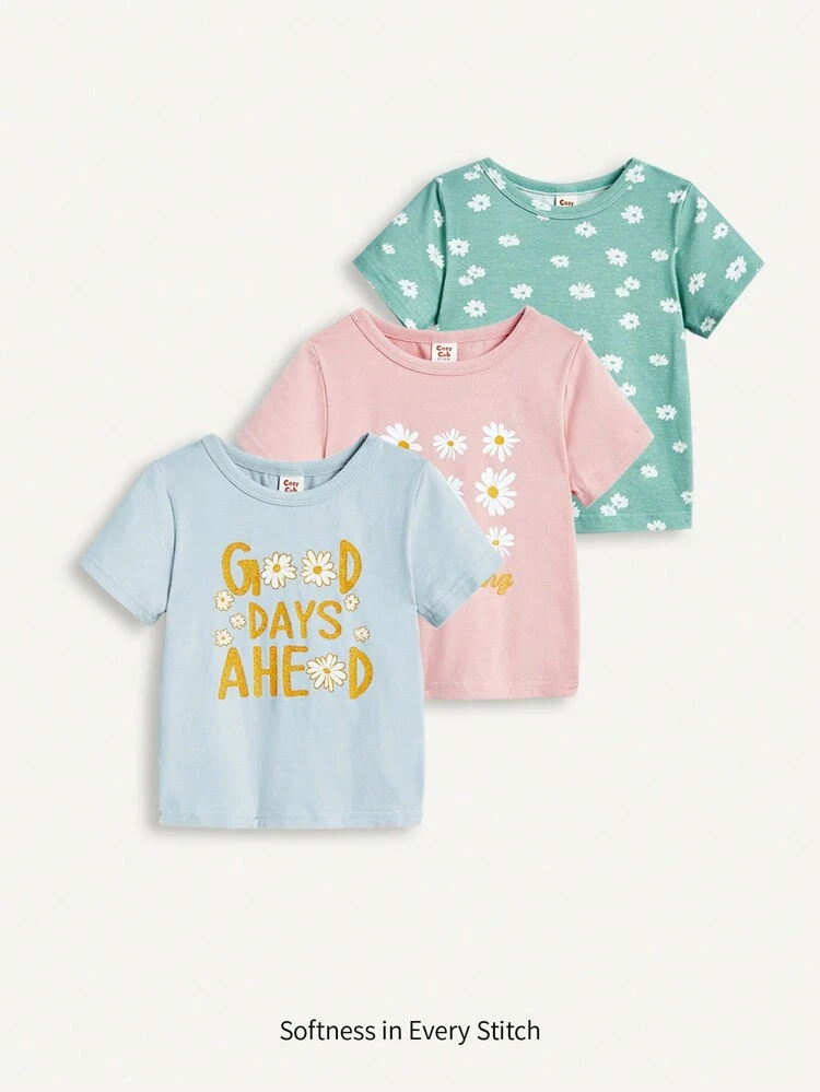 Baby Girl 3pcs Floral Pattern Short Sleeve Top Set With Round Collar