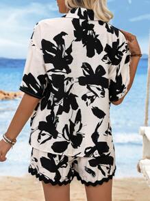 Breezaya Off-White Summer Boho Beach Vacation Holiday Women's Printed Button-Front Shirt & Shorts Set,Loose Fit Wave Lace High-Low Hem Stand Collar Hawaiian - Green - View 2