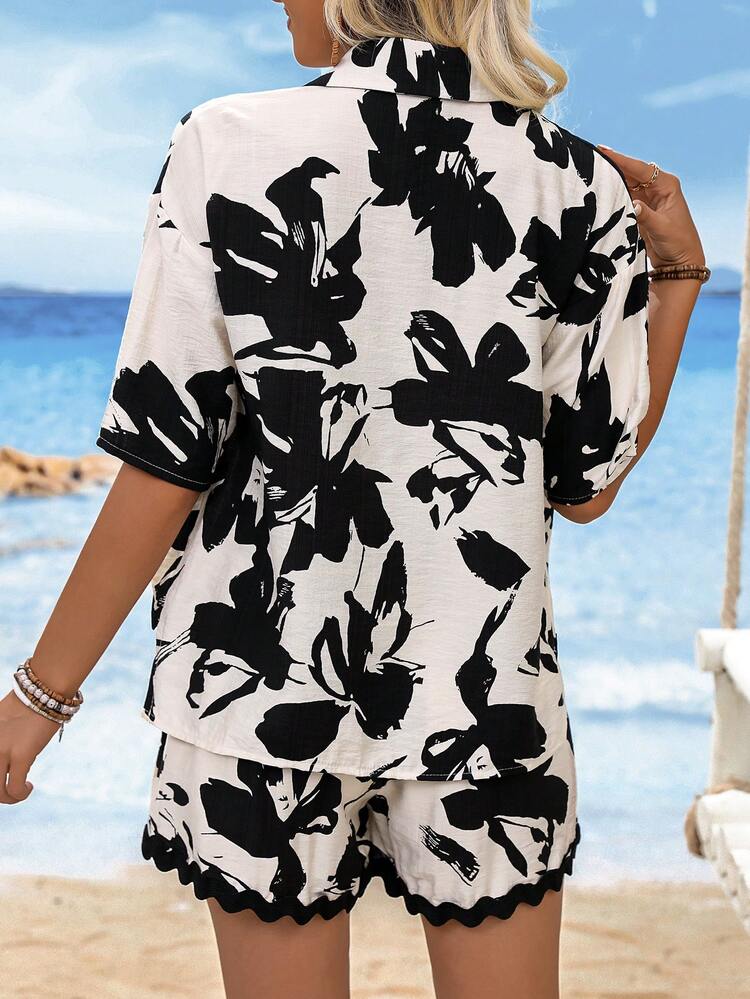 Casual Loose Fit Button-Front Shirt With Wave Lace High-Low Hem And All-Over Printed Pattern, Featuring Short Sleeves And Stand Collar, Paired With Shorts  Hawaiian