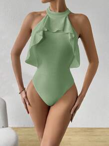 SHEIN Privé Women Solid Color Ruffle Trim Halter Neck Bodysuit, Suitable For Valentine Day, Vacation, Beach, Shopping, Wedding Season - Mint Green - View 5