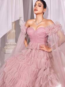 Faeriesty Cloak Sleeves Ruched Bustier Mesh Cake Dress - Pink - View 7