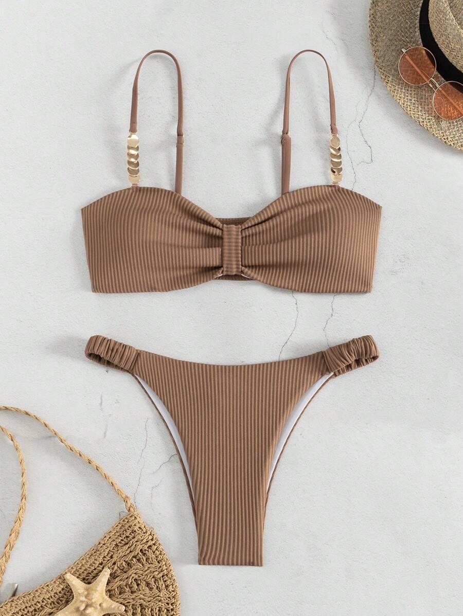 Swim Mod Solid Color Textured Special Fabric With Sparkle Decoration Chest Fold Bikini , Summer Beach - Coffee Brown - View 1