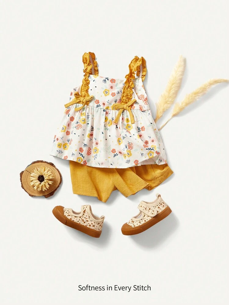 Baby Girl Flower Patterned Ruffle Trim Color Block Tank Top And Solid Colored Shorts 2pcs/Set, Suitable For Summer