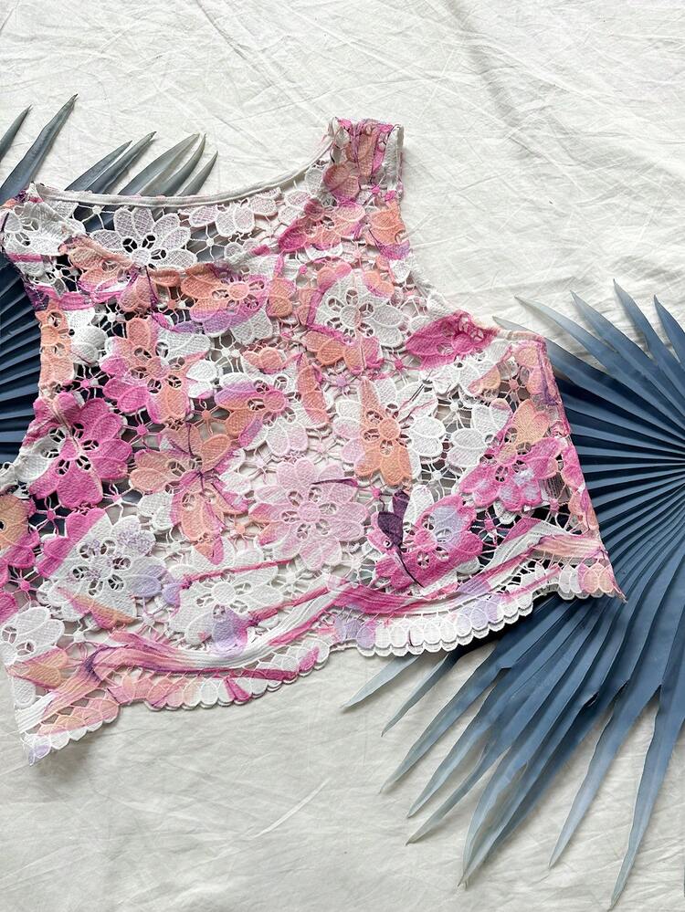 Women Summer Vacation Romantic Countryside Colorful Guipure Lace Tank Top