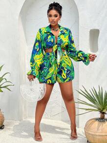 BIUBIU 大码女式性感印花落肩灯笼袖纽扣系带衬衫短裤套装（随机印花），夏季短裤套装 - 綠色 - 查看 1