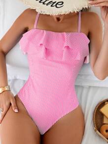 Swim Mod Summer Beach Ladies' Vacation Contrast Ruffle-Trim Striped Simple Casual One-Piece Swimsuit - Multicolor - View 4