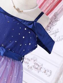 Tween Girl Spaghetti Strap Dress With Detachable Sleeves, Star Print & Dot Mesh Contrast - Blue - View 3