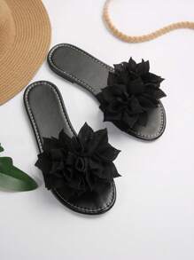 Französische elegante und sanfte flache Sandalen für Frauen, offene Zehenriemchen-Slides mit Blumenmuster, geeignet für Dates, den Alltag, Lässig, Zuhause, Strand und Freizeitaktivitäten im Sommer - Schwarz - Übersicht 5