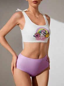 Mr Men Little Miss X SHEIN Women Knitted Leisure Cartoon And Letter Printed Shoulder Bow Detail Bikini Set, Summer