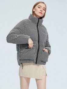 MIEGOFCE 女式休闲千鸟格立领长袖拉链夹克，冬季 - 黑與白 - 查看 8